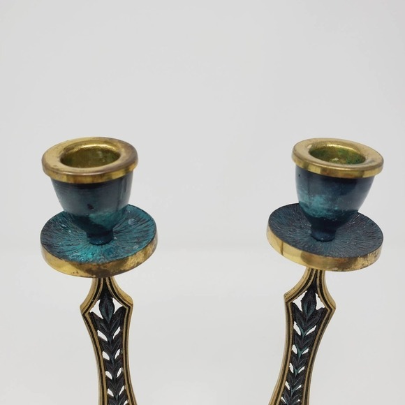 41. Vintage Holyland Jerusalem Brass Cross Candlesticks Holder Set of 2 - Picture 3 of 15